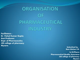 Submitted by: - 
Ram Mohan S.R. 
1st M.Pharm 
Pharmaceutical Quality Assurance 
JSS college of pharmacy 
Mysore 
Facilitators: - 
Dr. Vishal Kumar Gupta, 
Asst Professor, 
Dept. of Pharmaceutics, 
JSS college of pharmacy, 
Mysore. 
 
