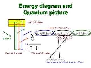Energy diagram and
Energy diagram and
Quantum picture
Quantum picture
Vibrational states
Electronic states
Virtual states
g
ex
photon
<eg,p2|Her|p2,eb> <eb,p2|Hep|p1,ea> <ea,p1|Her|p1,eg>
|Es-Eb|x|Ei-Ea|

a,b
Raman cross section
If Ei = Ea or Es = Eb
We have Resonance Raman effect
 