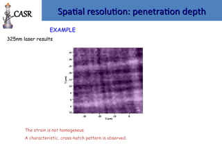 Spatial resolution: penetration depth
Spatial resolution: penetration depth
EXAMPLE
325nm laser results
The strain is not homogenous.
A characteristic, cross-hatch pattern is observed.
CASR
 