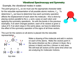 Example, the vibrational modes in water.
The point group is C2v so we must use the appropriate character table
for the reducible representation of all possible atomic motions, tot. To
determine tot we have to determine how each symmetry operation
affects the displacement of each atom the molecule – this is done by
placing vectors parallel to the x, y and z axes on each atom and
applying the symmetry operations. As with the bonds in the previous
examples, if an atom changes position, each of its vectors is given a
value of 0; if an atom stays in the same place, we have to determine
the effect of the symmetry operation of the signs of all three vectors.
The sum for the vectors on all atoms is placed into the reducible
representation.
Vibrational Spectroscopy and Symmetry
Vibrational Spectroscopy and Symmetry
Make a drawing of the molecule and add in vectors
on each of the atoms. Make the vectors point in
the same direction as the x (shown in blue), the y
(shown in black) and the z (shown in red) axes.
We will treat all vectors at the same time when we
are analyzing for molecular motions.
H
O
H
H O H
top view
 