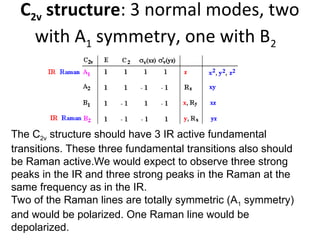 C2v structure: 3 normal modes, two
with A1 symmetry, one with B2
The C2v structure should have 3 IR active fundamental
transitions. These three fundamental transitions also should
be Raman active.We would expect to observe three strong
peaks in the IR and three strong peaks in the Raman at the
same frequency as in the IR.
Two of the Raman lines are totally symmetric (A1 symmetry)
and would be polarized. One Raman line would be
depolarized.
 