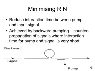 24
Minimising RIN
• Reduce interaction time between pump
and input signal.
• Achieved by backward pumping – counter-
propagation of signals where interaction
time for pump and signal is very short.
 
