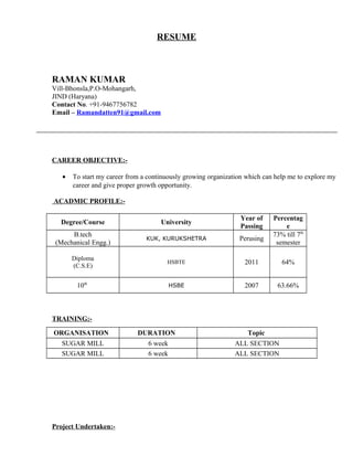 RESUME
RAMAN KUMAR
Vill-Bhonsla,P.O-Mohangarh,
JIND (Haryana)
Contact No. +91-9467756782
Email – Ramandatten91@gmail.com
CAREER OBJECTIVE:-
• To start my career from a continuously growing organization which can help me to explore my
career and give proper growth opportunity.
ACADMIC PROFILE:-
Degree/Course University
Year of
Passing
Percentag
e
B.tech
(Mechanical Engg.)
KUK, KURUKSHETRA Perusing
73% till 7th
semester
Diploma
(C.S.E)
HSBTE 2011 64%
10th
HSBE 2007 63.66%
TRAINING:-
ORGANISATION DURATION Topic
SUGAR MILL 6 week ALL SECTION
SUGAR MILL 6 week ALL SECTION
Project Undertaken:-
 