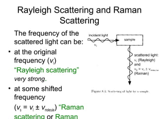 Rayleigh Scattering and Raman 
Scattering 
The frequency of the 
scattered light can be: 
• at the original 
frequency (νI) 
“Rayleigh scattering” 
very strong. 
• at some shifted 
frequency 
(νs = νI ± νmolecule) “Raman 
scattering or Raman 
 