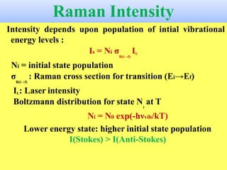 Raman Intensity
Intensity depends upon population of intial vibrational
energy levels :
Is = Ni σ IL
R(i→f)
Ni = initial state population
σ : Raman cross section for transition (Ei→Ef)
R(i→f)
IL: Laser intensity
Boltzmann distribution for state N at T
i
Ni = N0 exp(-hνvib/kT)
Lower energy state: higher initial state population
I(Stokes) > I(Anti-Stokes)
 