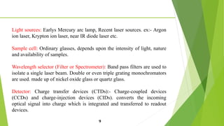 Light sources: Earlys Mercury arc lamp, Recent laser sources. ex:- Argon
ion laser, Krypton ion laser, near IR diode laser etc.
Sample cell: Ordinary glasses, depends upon the intensity of light, nature
and availability of samples.
Wavelength selector (Filter or Spectrometer): Band pass filters are used to
isolate a single laser beam. Double or even triple grating monochromators
are used. made up of nickel oxide glass or quartz glass.
Detector: Charge transfer devices (CTDs):- Charge-coupled devices
(CCDs) and charge-injection devices (CIDs). converts the incoming
optical signal into charge which is integrated and transferred to readout
devices.
9
 