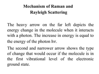 Mechanism of Raman and 
Rayleigh Scattering 
The heavy arrow on the far left depicts the 
energy change in the molecule when it interacts 
with a photon. The increase in energy is equal to 
the energy of the photon hn. 
The second and narrower arrow shows the type 
of change that would occur if the molecule is in 
the first vibrational level of the electronic 
ground state. 
 