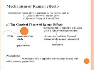 Mechanism of Raman effect:-
Mechanism of Raman effect is explained by two theories such as,
(1) Classical Theory of Raman Effect
(2)Quantum Theory of Raman Effect
(1) The Classical Theory of Raman Effect:-
Electric field (E) is applied to a molecule
[visible light(electromagnetic light)]
( E,B) electrons and nuclei are displaced
induced dipole moment (μ) produced
polarisation
Polarizability:-
when electric field is applied to molecule,then the ease with
which molecule get polarised.
molecule under
study
get polarised
 