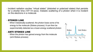 • Incident radiation excites “virtual states” (distorted or polarized states) that persists
for a shorter time (10^-14 secs). Inelastic scattering of a photon when it is incident
on the electrons in a molecule
• STOKES LINE
• When inelastically-scattered, the photon loses some of its
energy to the molecule (Stokes process). It can then be
experimentally detected as a lower-energy scattered photon
• ANTI STOKES LINE
• When the photon has gained energy from the molecule
(anti-Stokes process)
 