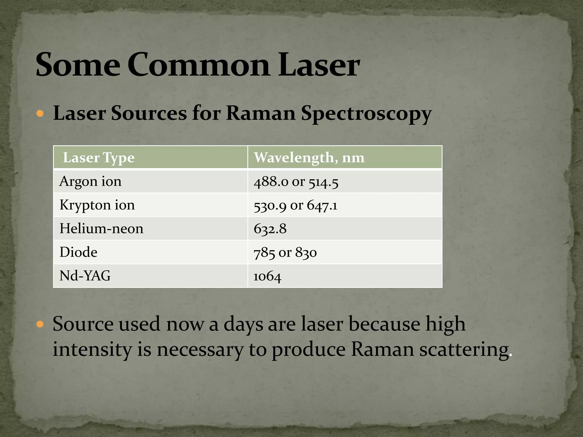  Laser Sources for Raman Spectroscopy
 Source used now a days are laser because high
intensity is necessary to produce Raman scattering.
Laser Type Wavelength, nm
Argon ion 488.0 or 514.5
Krypton ion 530.9 or 647.1
Helium-neon 632.8
Diode 785 or 830
Nd-YAG 1064
 