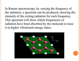 In Raman spectroscopy, by varying the frequency of
the radiation, a spectrum can be produced, showing the
intensity of the exiting radiation for each frequency.
This spectrum will show which frequencies of
radiation have been absorbed by the molecule to raise
it to higher vibrational energy states.
 