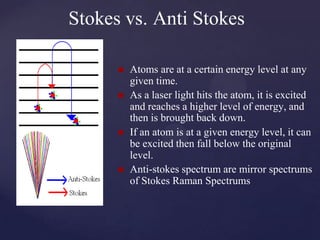    Atoms are at a certain energy level at any
    given time.
   As a laser light hits the atom, it is excited
    and reaches a higher level of energy, and
    then is brought back down.
   If an atom is at a given energy level, it can
    be excited then fall below the original
    level.
   Anti-stokes spectrum are mirror spectrums
    of Stokes Raman Spectrums
 