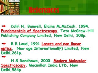 References

      Colin N. Banwell, Elaine M.McCash, 1994.
Fundamentals of Spectroscopy, Tata McGraw-Hill
Publishing Company Limited, New Delhi, 308p.

      B B Laud, 1991.Lasers and non linear
optics, New age International(P) Limited, New
Delhi,261p.

     H S Randhawa, 2003. Modern Molecular
Spectroscopy, Macmillan India LTD, New
Delhi,584p.
 