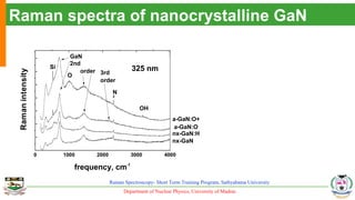 Department of Nuclear Physics, University of Madras
Raman Spectroscopy- Short Term Training Program, Sathyabama University
Raman spectra of nanocrystalline GaN
0 1000 2000 3000 4000
frequency, cm-1
a-GaN:O+
a-GaN:O
nx-GaN:H
nx-GaN
325 nm
OH
N
2
Si
O
order
GaN
2nd
3rd
order
 