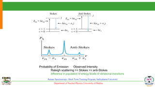Department of Nuclear Physics, University of Madras
Raman Spectroscopy- Short Term Training Program, Sathyabama University
.
Probability of Emission Observed Intensity
Raleigh scattering >> Stokes >> anti-Stokes
difference in population of energy levels of vibrational transitions
 