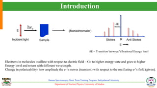 Department of Nuclear Physics, University of Madras
Raman Spectroscopy- Short Term Training Program, Sathyabama University
Introduction
hν0
Incident light
E
Sample
(Monochromater)
E
R Anti StokesStokes
δE
δE = Transition between Vibrational Energy level
Electrons in molecules oscillate with respect to electric field – Go to higher energy state and goes to higher
Energy level and return with different wavelength.
Change in polarizability- how amplitude the e-’s moves (transient) with respect to the oscillating e-’s field (given).
 