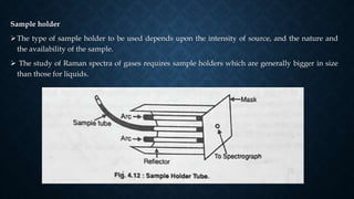Sample holder
The type of sample holder to be used depends upon the intensity of source, and the nature and
the availability of the sample.
 The study of Raman spectra of gases requires sample holders which are generally bigger in size
than those for liquids.
 