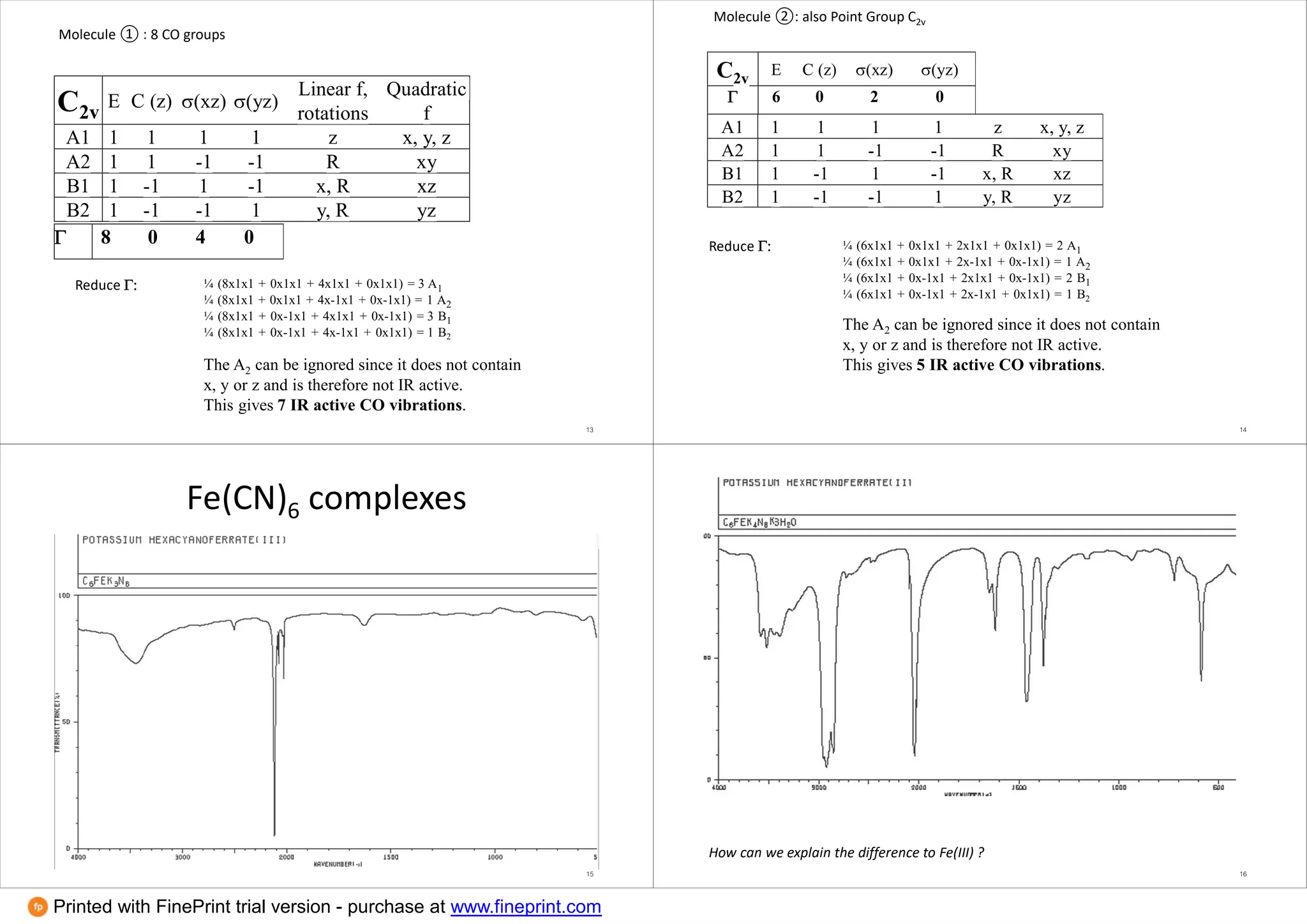 C2v
E C (z) (xz) (yz)
Linear f,
rotations
Quadratic
f
A1 1 1 1 1 z x, y, z
A2 1 1 -1 -1 R xy
B1 1 -1 1 -1 x, R xz
B2 1 -1 -1 1 y, R yz
 8 0 4 0
Molecule ① : 8 CO groups
Reduce  ¼ (8x1x1 + 0x1x1 + 4x1x1 + 0x1x1) = 3 A1
¼ (8x1x1 + 0x1x1 + 4x-1x1 + 0x-1x1) = 1 A2
¼ (8x1x1 + 0x-1x1 + 4x1x1 + 0x-1x1) = 3 B1
¼ (8x1x1 + 0x-1x1 + 4x-1x1 + 0x1x1) = 1 B2
The A2 can be ignored since it does not contain
x, y or z and is therefore not IR active.
This gives 7 IR active CO vibrations.
13
C2v
E C (z) (xz) (yz)
 6 0 2 0
Molecule ②: also Point Group C2v
Reduce  ¼ (6x1x1 + 0x1x1 + 2x1x1 + 0x1x1) = 2 A1
¼ (6x1x1 + 0x1x1 + 2x-1x1 + 0x-1x1) = 1 A2
¼ (6x1x1 + 0x-1x1 + 2x1x1 + 0x-1x1) = 2 B1
¼ (6x1x1 + 0x-1x1 + 2x-1x1 + 0x1x1) = 1 B2
The A2 can be ignored since it does not contain
x, y or z and is therefore not IR active.
This gives 5 IR active CO vibrations.
A1 1 1 1 1 z x, y, z
A2 1 1 -1 -1 R xy
B1 1 -1 1 -1 x, R xz
B2 1 -1 -1 1 y, R yz
14
Fe(CN)6 complexes
15
How can we explain the difference to Fe(III) ?
16
Printed with FinePrint trial version - purchase at www.fineprint.com
 