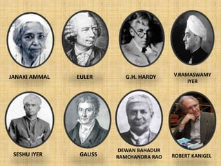DEWAN BAHADUR
RAMCHANDRA RAO
EULER G.H. HARDY V.RAMASWAMY
IYER
SESHU IYER GAUSS ROBERT KANIGEL
JANAKI AMMAL
 