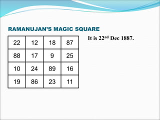 RAMANUJAN’S MAGIC SQUARE
22 12 18 87
88 17 9 25
10 24 89 16
19 86 23 11
It is 22nd Dec 1887.
 
