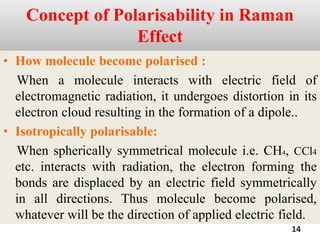 Concept of Polarisability in Raman
Effect
• How molecule become polarised :
When a molecule interacts with electric field of
electromagnetic radiation, it undergoes distortion in its
electron cloud resulting in the formation of a dipole..
• Isotropically polarisable:
When spherically symmetrical molecule i.e. CH4, CCl4
etc. interacts with radiation, the electron forming the
bonds are displaced by an electric field symmetrically
in all directions. Thus molecule become polarised,
whatever will be the direction of applied electric field.
14
 