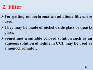 2. Filter
For getting monochromatic radiations filters are
used.
They may be made of nickel oxide glass or quartz
glass.
Sometimes a suitable colored solution such as an
aqueous solution of iodine in CCl4 may be used as
a monochromator.
27
 