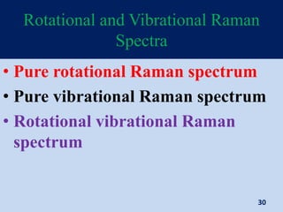 Rotational and Vibrational Raman
Spectra
• Pure rotational Raman spectrum
• Pure vibrational Raman spectrum
• Rotational vibrational Raman
spectrum
30
 