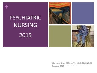 +
Maryann Ryan, MSN, APN, NP-C, PMHNP-BC
Ramapo 2015
PSYCHIATRIC
NURSING
2015
 
