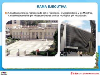 RAMA EJECUTIVA
A nivel nacional esta representada por el Presidente, el vicepresidente y los Ministros.
A nivel departamental por los gobernadores y en los municipios por los alcaldes.
 