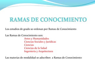 Los estudios de grado se ordenan por Ramas de Conocimiento
Las Ramas de Conocimiento son:
Artes y Humanidades
Ciencias Sociales y Jurídicas
Ciencias
Ciencias de la Salud
Ingeniería y Arquitectura
Las materias de modalidad se adscriben a Ramas de Conocimiento
 