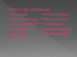 Ramas de la biología*virología            * entomología*bacteriología   * herpetología*protozoo logia  * ictiología*fisiología           * mastozoología*botánica           * malacología*zoología