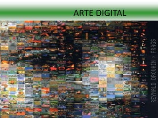 ARTE DIGITAL
La imagen digital rompe con el paradigma de concordancia entre imagen y realidad, ya que la imagen digital está formada
  por un conjunto de pixeles discontinuos por los cuales opera la tecnología computarizada, que permiten una
  producción y una reproducción de las imágenes. A través del escaneo y la digitalización, nos permite transformar una
  imagen, integrando nuevos elementos como el brillo, el contraste, sombras, colores y hasta figuras, obteniendo como
  resultados un objeto distinto a su referente en el mundo físico.
 