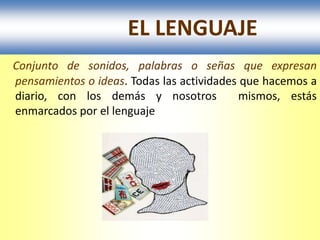 EL LENGUAJE
Conjunto de sonidos, palabras o señas que expresan
pensamientos o ideas. Todas las actividades que hacemos a
diario, con los demás y nosotros           mismos, estás
enmarcados por el lenguaje
 