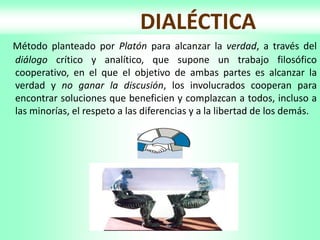 DIALÉCTICA
Método planteado por Platón para alcanzar la verdad, a través del
diálogo crítico y analítico, que supone un trabajo filosófico
cooperativo, en el que el objetivo de ambas partes es alcanzar la
verdad y no ganar la discusión, los involucrados cooperan para
encontrar soluciones que beneficien y complazcan a todos, incluso a
las minorías, el respeto a las diferencias y a la libertad de los demás.
 
