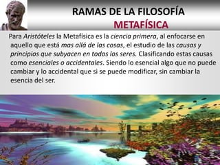 RAMAS DE LA FILOSOFÍA
                            METAFÍSICA
Para Aristóteles la Metafísica es la ciencia primera, al enfocarse en
aquello que está mas allá de las cosas, el estudio de las causas y
principios que subyacen en todos los seres. Clasificando estas causas
como esenciales o accidentales. Siendo lo esencial algo que no puede
cambiar y lo accidental que si se puede modificar, sin cambiar la
esencia del ser.
 