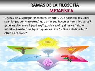 RAMAS DE LA FILOSOFÍA
                           METAFÍSICA
Algunas de sus preguntas metafísicas son: ¿Que hace que los seres
sean lo que son y no otros? que es lo que hacen común a los seres?
¿qué los diferencía? ¿qué soy?, ¿quien soy?, ¿el ser es finito o
infinito? ¿existe Dios ¿qué o quien es Dios?, ¿Qué es la libertad?
¿Qué es el amor?
 