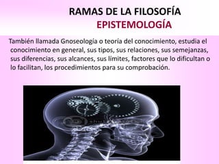 RAMAS DE LA FILOSOFÍA
                         EPISTEMOLOGÍA
También llamada Gnoseología o teoría del conocimiento, estudia el
 conocimiento en general, sus tipos, sus relaciones, sus semejanzas,
 sus diferencias, sus alcances, sus límites, factores que lo dificultan o
 lo facilitan, los procedimientos para su comprobación.
 