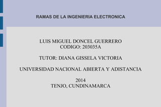 RAMAS DE LA INGENIERIA ELECTRONICA 
LUIS MIGUEL DONCEL GUERRERO 
CODIGO: 203035A 
TUTOR: DIANA GISSELA VICTORIA 
UNIVERSIDAD NACIONAL ABIERTA Y ADISTANCIA 
2014 
TENJO, CUNDINAMARCA 
 