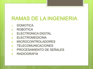 RAMAS DE LA INGENIERIA 
1. DOMOTICA 
2. ROBOTICA 
3. ELECTRONICA DIGITAL 
4. ELECTROMEDICINA 
5. MICROCONTROLADORES 
6. TELECOMUNICACIONES 
7. PROCESAMIENTO DE SEÑALES 
8. RADIOGRAFIA 
 