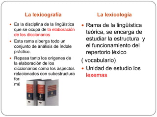 La lexicografía                      La lexicología
 Es la disciplina de la lingüística    Rama de la lingüística
  que se ocupa de la elaboración
  de los diccionarios
                                         teórica, se encarga de
 Esta rama alberga todo un
                                         estudiar la estructura y
  conjunto de análisis de índole         el funcionamiento del
  práctico.                              repertorio léxico
 Repasa tanto los orígenes de
  la elaboración de los
                                       ( vocabulario)
  diccionarios como los aspectos        Unidad de estudio los
  relacionados con subestructura         lexemas
  formal, la tipología y los
  métodos de compilación
 