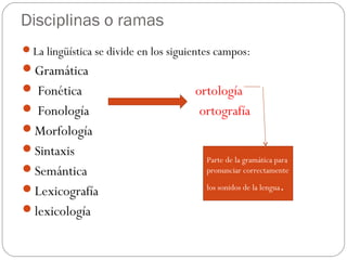 Disciplinas o ramas
La lingüística se divide en los siguientes campos:

Gramática
 Fonética
 Fonología

ortología
ortografía

Morfología
Sintaxis
Semántica
Lexicografía
lexicología

Parte de la gramática para
pronunciar correctamente
los sonidos de la lengua

.

 