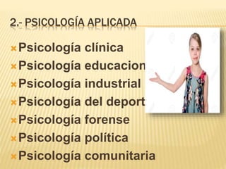 2.- PSICOLOGÍA APLICADA
Psicología clínica
Psicología educacional
Psicología industrial
Psicología del deporte
Psicología forense
Psicología política
Psicología comunitaria
 