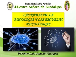 LAS RAMAS DE LA
PSICOLOGÍA Y LAS ESCUELAS
PSICOLÓGICAS
Docente: Luis Galiano Velásquez
 