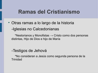 Ramas del Cristianismo


Otras ramas a lo largo de la historia
-Iglesias no Calcedonianas
*Nestorianos y Monofistas → Cristo como dos personas
distintas, Hijo de Dios e hijo de María

-Testigos de Jehová
*No consideran a Jesús como segunda persona de la
Trinidad

 