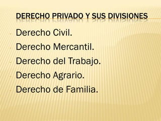 DERECHO PRIVADO Y SUS DIVISIONES

-   Derecho Civil.
-   Derecho Mercantil.
-   Derecho del Trabajo.
-   Derecho Agrario.
-   Derecho de Familia.
 