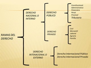 Constitucional.
                                                      Administrativo
                                                      Financiero
            DERECHO        DERECHO                    Penal
            NACIONAL O     PÚBLICO                    Procesal
            INTERNO                                   Tributario



                                                    Civil
                               DERECHO              Mercantil
                               PRIVADO              Laboral
RAMAS DEL                                           Agrario
DERECHO                                             Familia




                 DERECHO
              INTENACIONAL O             Derecho Internacional Público
                 EXTERNO                 Derecho Internacional Privado
 