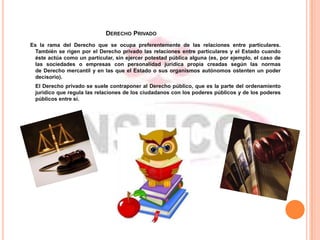 DERECHO PRIVADO
Es la rama del Derecho que se ocupa preferentemente de las relaciones entre particulares.
También se rigen por el Derecho privado las relaciones entre particulares y el Estado cuando
éste actúa como un particular, sin ejercer potestad pública alguna (es, por ejemplo, el caso de
las sociedades o empresas con personalidad jurídica propia creadas según las normas
de Derecho mercantil y en las que el Estado o sus organismos autónomos ostenten un poder
decisorio).
El Derecho privado se suele contraponer al Derecho público, que es la parte del ordenamiento
jurídico que regula las relaciones de los ciudadanos con los poderes públicos y de los poderes
públicos entre sí.
 