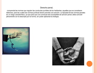 Derecho penal,
comprende las normas que regulan las conductas punibles de los habitantes, aquellas que se consideran
delictivas, para las cuales las normas jurídicas tienen prevista una sanción. La tipicidad de las normas penales
es un rasgo característico, ya que para que una conducta sea susceptible de sanción penal, debe coincidir
plenamente con la descripta por la norma, sin poder aplicarse la analogía.
 