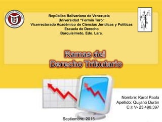 República Bolivariana de Venezuela
Universidad “Fermín Toro”
Vicerrectorado Académico de Ciencias Jurídicas y Políticas
Escuela de Derecho
Barquisimeto, Edo. Lara.
Nombre: Karol Paola
Apellido: Quijano Durán
C.I: V- 23.490.397
Septiembre, 2015
 