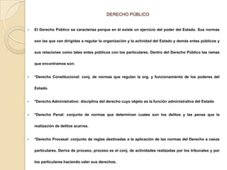 DERECHO PÚBLICO
 El Derecho Público se caracteriza porque en él existe un ejercicio del poder del Estado. Sus normas
son las que van dirigidas a regular la organización y la actividad del Estado y demás entes públicos y
sus relaciones como tales entes públicos con los particulares. Dentro del Derecho Público las ramas
que encontramos son:
 *Derecho Constitucional: conj. de normas que regulan la org. y funcionamiento de los poderes del
Estado.
 *Derecho Administrativo: disciplina del derecho cuyo objeto es la función administrativa del Estado
 *Derecho Penal: conjunto de normas que determinan cuales son los delitos y las penas que la
realización de delitos acarrea.
 *Derecho Procesal: conjunto de reglas destinadas a la aplicación de las normas del Derecho a casos
particulares. Deriva de proceso, proceso es el conj. de actividades realizadas por los tribunales y por
los particulares haciendo valer sus derechos.
 